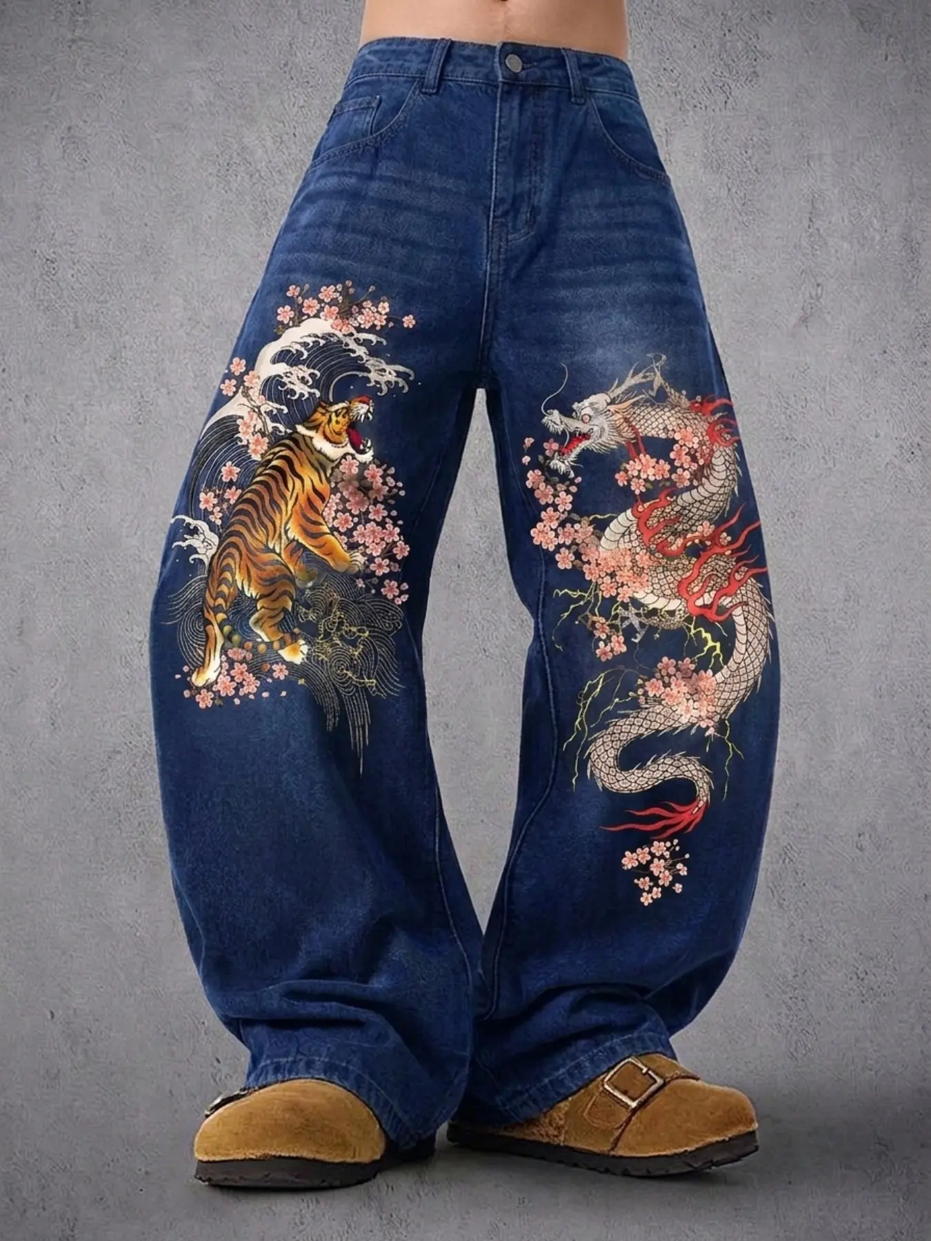 Men's American Vintage Ukiyo-E Totem Print Jeans, Dark Wash Wide Leg Straight Fit, Street Style, All Seasons, Back-To-School Fashion