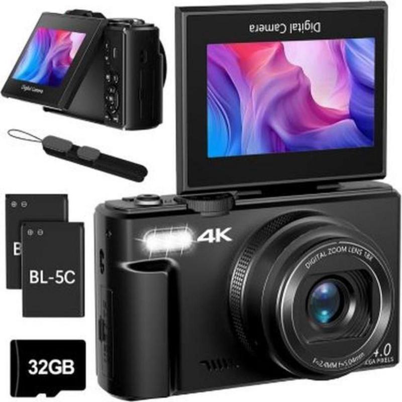 Cameras for Photography, 4K 64MP Digital Vlogging Camera YouTube with 3" 180° Flip Screen, Compact WiFi 18X Zoom, 32GB Micro SD Card & 2 Batteries