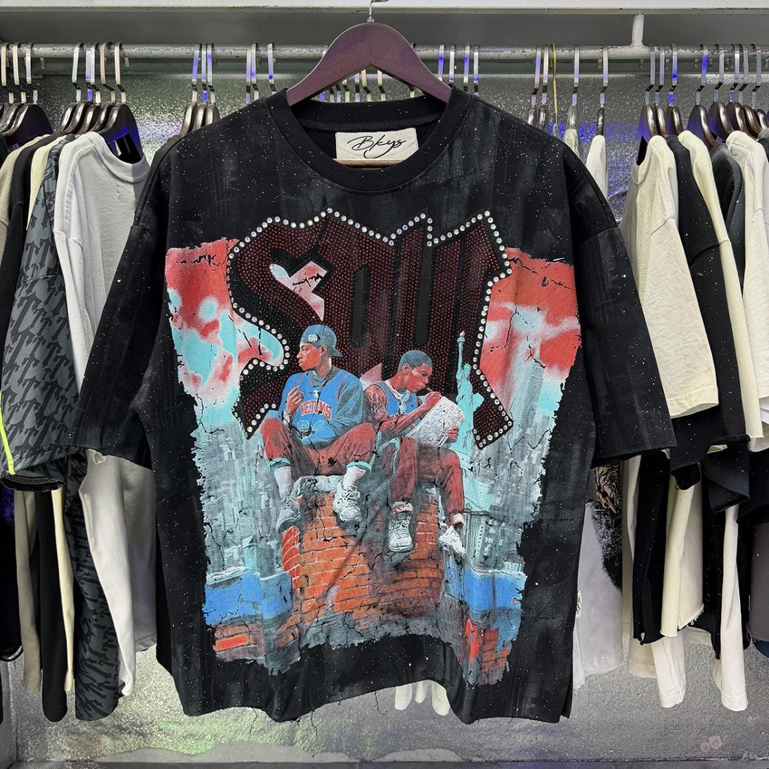 Best Quality Washed Gray Full Rhinestone Bling T-Shirt, Unisex F-Terry Cropped Tee, BKYS Skull Print High Street Hip Hop Rock Retro Y2K Vintage Streetwear, Sparkle Diamond Graphic Casual Short Sleeve Tops for Men Women