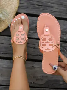 Monogram V Metal Buckle Slides Non-Slip Soft Flat Sandals Women's Summer Retro Casual Slippers Footwear