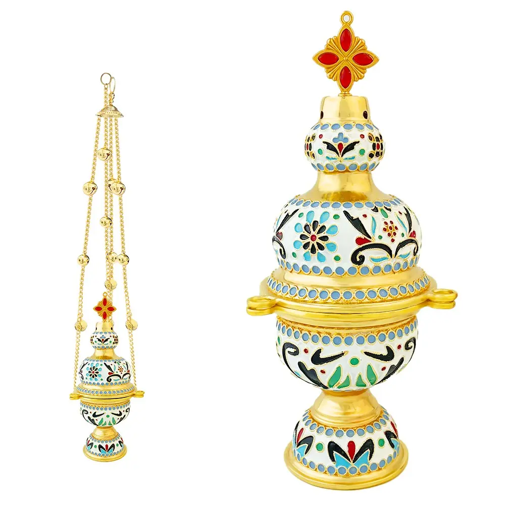 Orthodox Hanging Incense Burner, Gold Plated White Floral Enamel Church Censer with Golden Bells and Red Rhinestone Cross, Detachable Bowl for Chapel Altar Liturgy Religious Gift