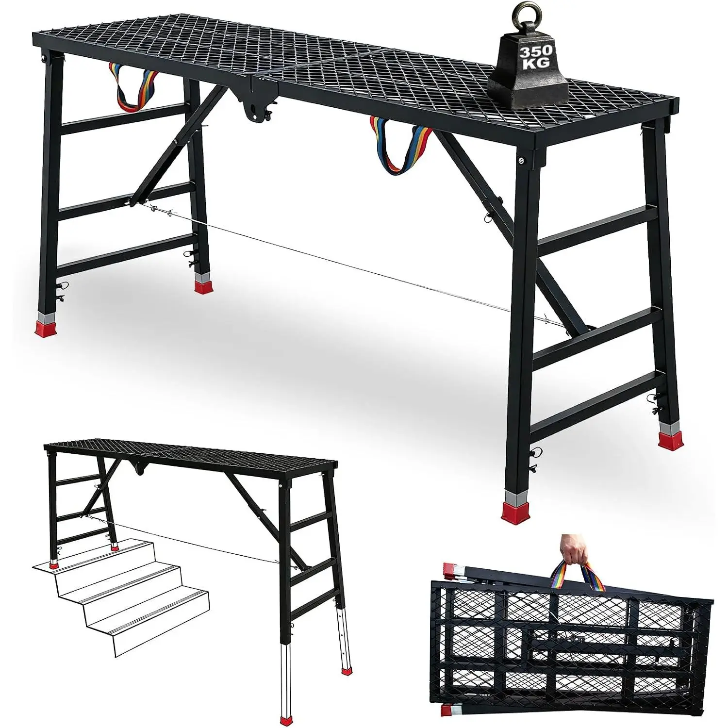 Foldable Scaffold Platform Work Platform 770 lbs Load Capacity, 6 Height Adjustable Steel Workbench with Anti-Slip Grid Surface, Portable Scafolding for Construction, Painting,  Improvement