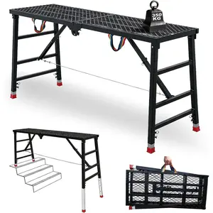 Foldable Scaffold Platform Work Platform 770 lbs Load Capacity, 6 Height Adjustable Steel Workbench with Anti-Slip Grid Surface, Portable Scafolding for Construction, Painting,  Improvement