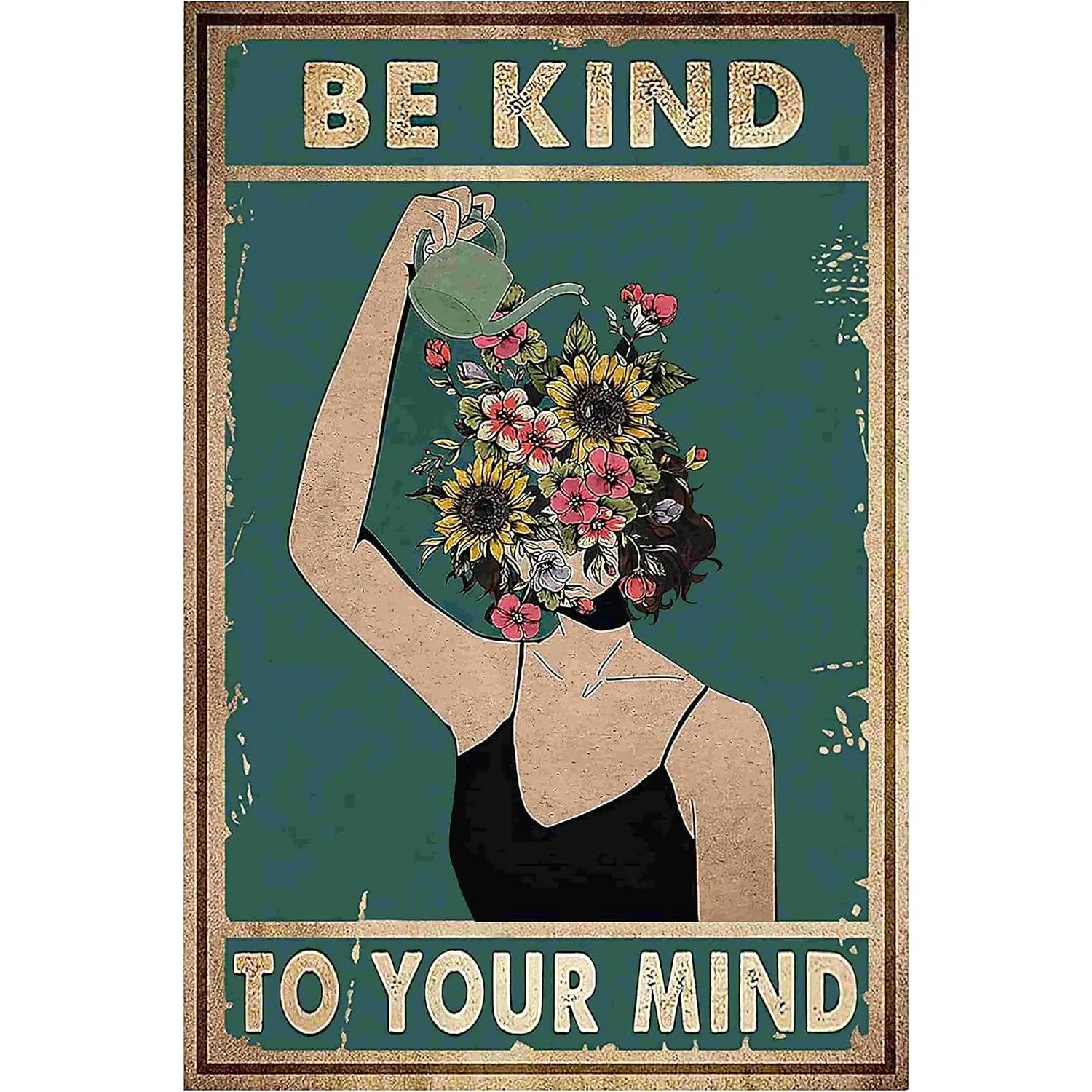 Inspirational Boho Wall Art Be Kind to Your Mind Metal Poster 12x8 Inches Vintage Botanical Design for Office Home Decor Gift