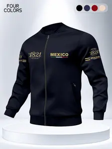 Men's Baseball Collar Jacket, Mexican 1821 Vintage Print, Spring & Fall Casual Zipper Style, Versatile Fashion Two-Pocket Coat