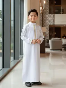 Muslim Boy Traditional Thobe, Embroidery Button Design, Side Pockets, Suitable for Ages 8-12, Daily Wear, Eid, Father's Day Gift