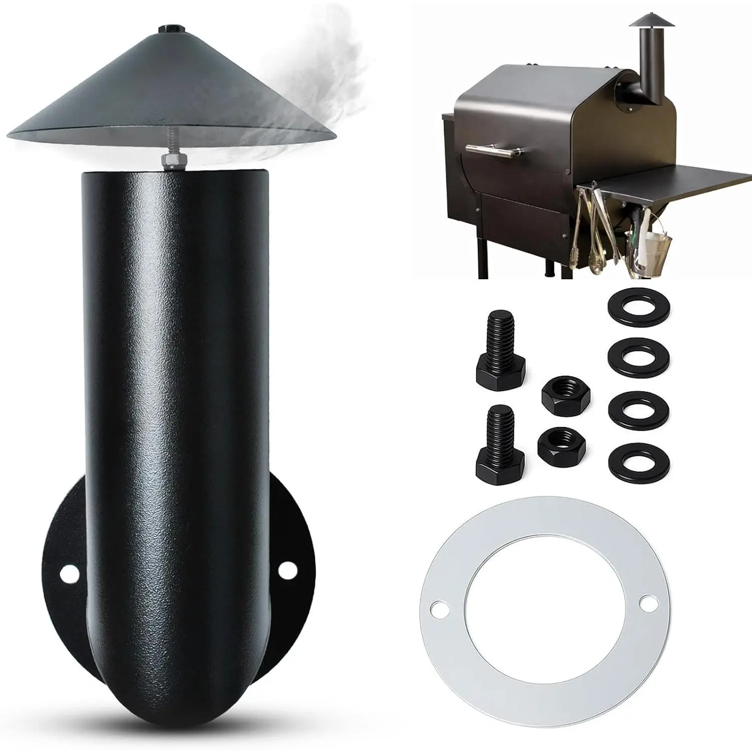 Suitable for Pit Boss, Traeger, and Camp Chef pellet grills, this adjustable smokestack replacement part comes with a sunshade, sealing ring, and installation accessories