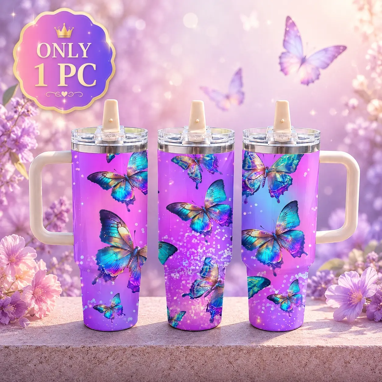 Neon Purple Butterfly 40oz Tumbler with Handle & Straw Lid | Leakproof Double Wall Stainless Steel Insulated Travel Mug | Iced Coffee Cup for Car Cup Holder, Gym, Office & Daily Use | Aesthetic Gift for Women