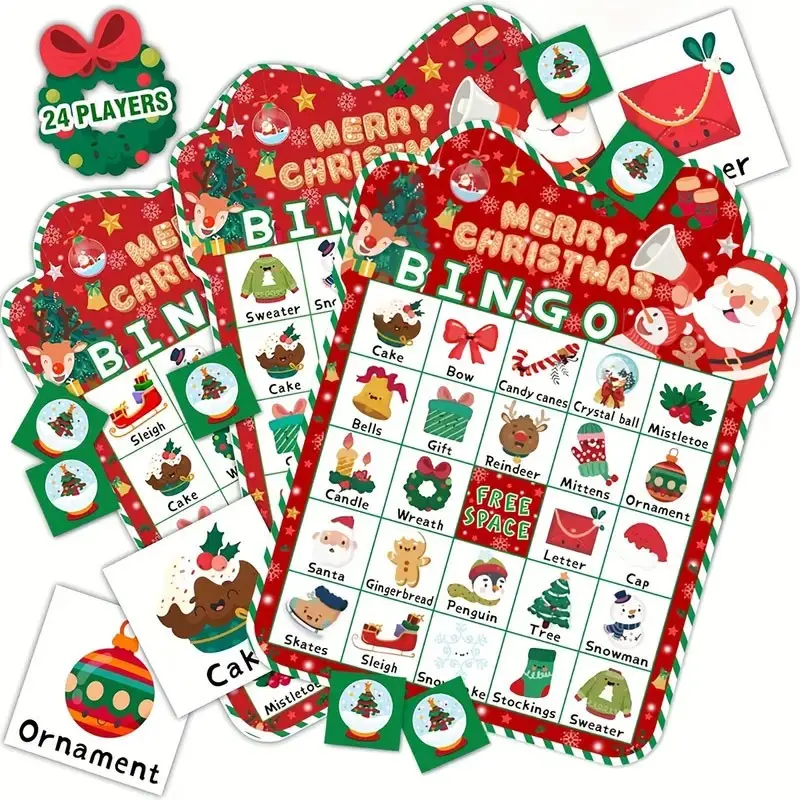 33-Piece Christmas Bingo Game Set for 24 Players, Includes Bingo Cards, Perfect for School Parties, Birthday Parties, Winter Gifts, Holiday Activities
