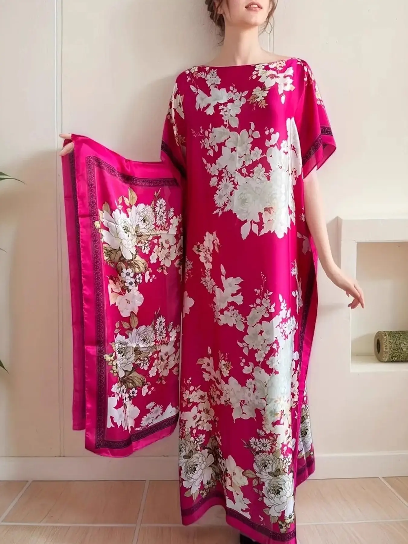 Floral Print Dress and Scarf Set, Comfortable Breathable Robe, Loose Fit, Versatile Shawl, Ideal for Vacation, Home Gatherings, Daily Wear