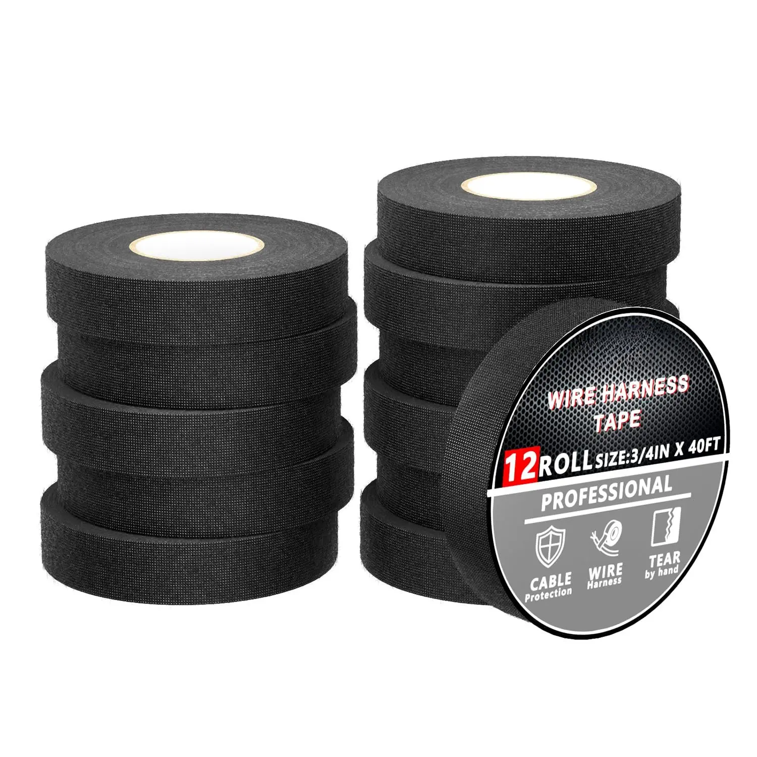 Wire Harness Tape, 3/4 Inch × 50 , 12 Packs (600  ), Self-Adhesive Black Cloth Electrical Tape for Automotive Use, High Temperature Resistance Felt Tape.