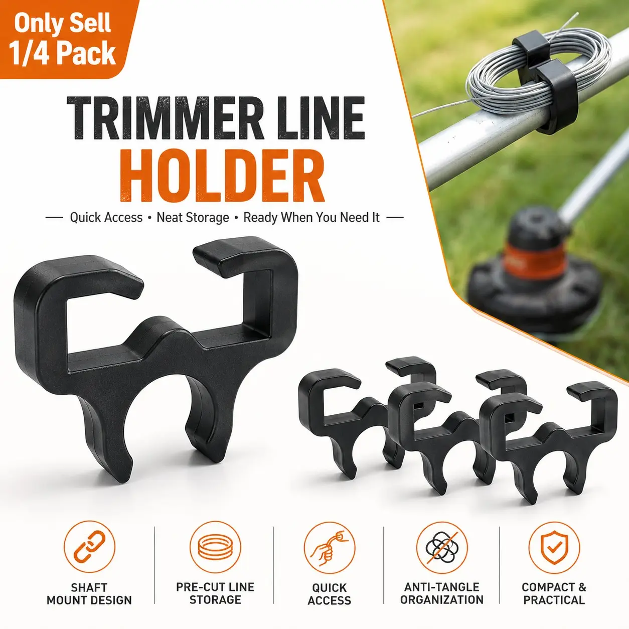 1/4 Pack Trimmer Line Holder for Universal Shafts, Compact Anti-Tangle Shaft Mount Clip for Pre-Cut Trimmer Line Storage, Quick Access Cable Organizer for String Trimmer, Weed Trimmer, Lawn Care and Yard Work