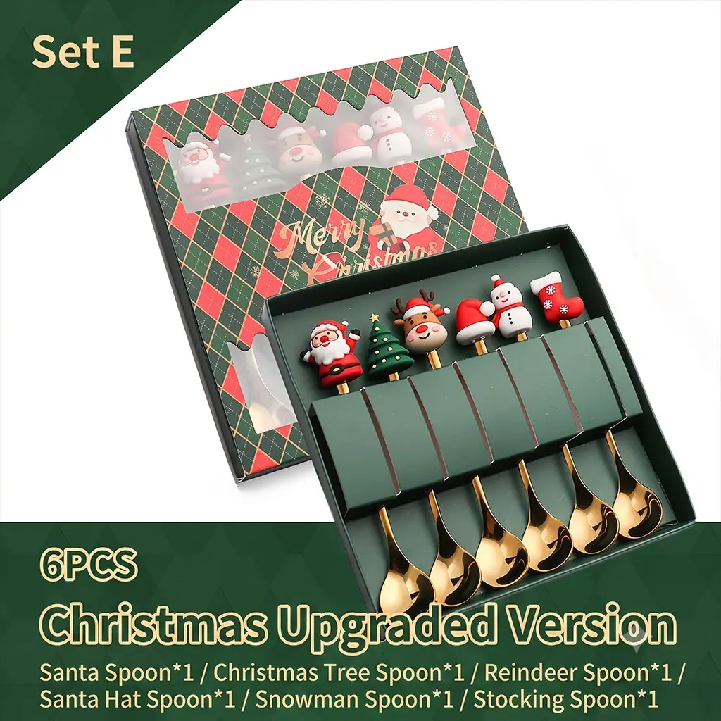 6Pcs Christmas Decorative Spoons, Stainless Steel, Reusable Coffee Tea Dessert Stirring Spoons, Santa Snowman Tree Star Design for Kitchen, Home, Office, Christmas Party, Holiday Gift