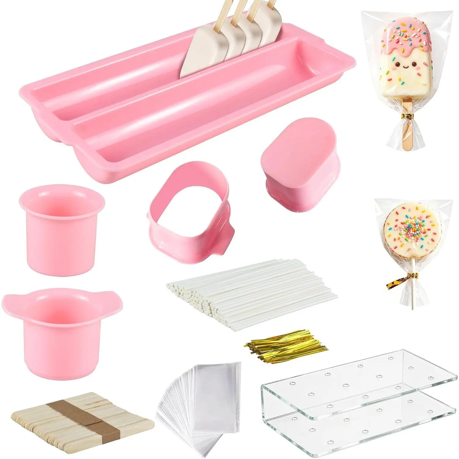 Cakesicle Cutter and Cake Pop Mold with Tray,Stand,Stick,Bag and Tie-Pink | Complete Cake Pop Cutter Set Maker Baking Tools Kit for Home Party Wedding Desserts