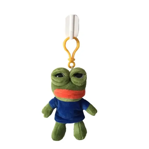 Mini Pepe the Frog Plush Doll Sad Meme Frog Soft Stuffed Toy with Blue Shirt Collectible Figurine for Backpack Decor