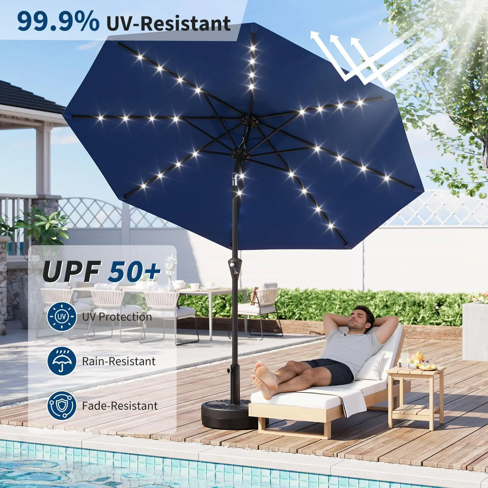 Garvee 32-Solar-LED Patio Market Umbrella, 9/10 ft Outdoor Table Umbrella - Crank Lift & Push-Button Tilt - UPF 50+ UV, Waterproof, Fade Resistant, 8 Ribs