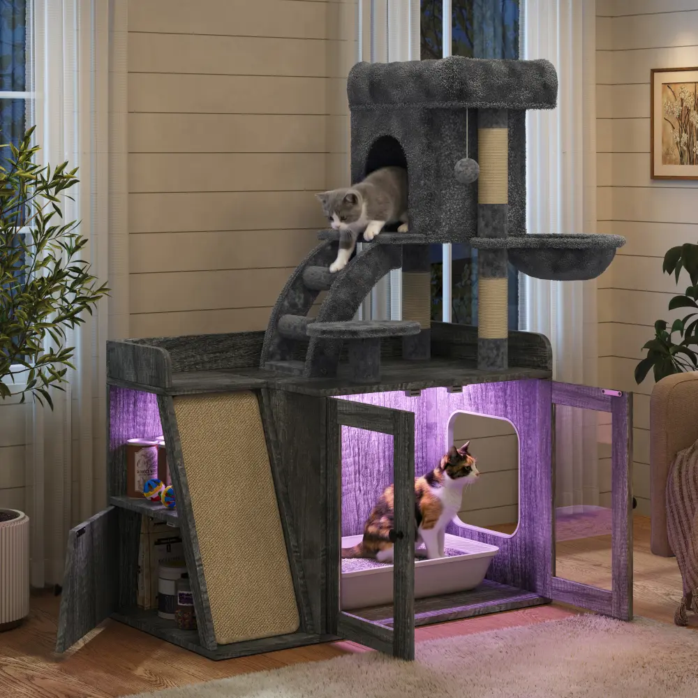 Grey Enclosed Litter Box with Lid & Cat Tree - Flannel, MDF Construction, RGB Lights, Built-in Sisal Scratching Board, Odor Control, Storage Space, Modular Furniture with Condo & Platform, 51.15lbs Unit, 88lbs Weight Capacity All-in-1 Cat Tower, Hidden Li