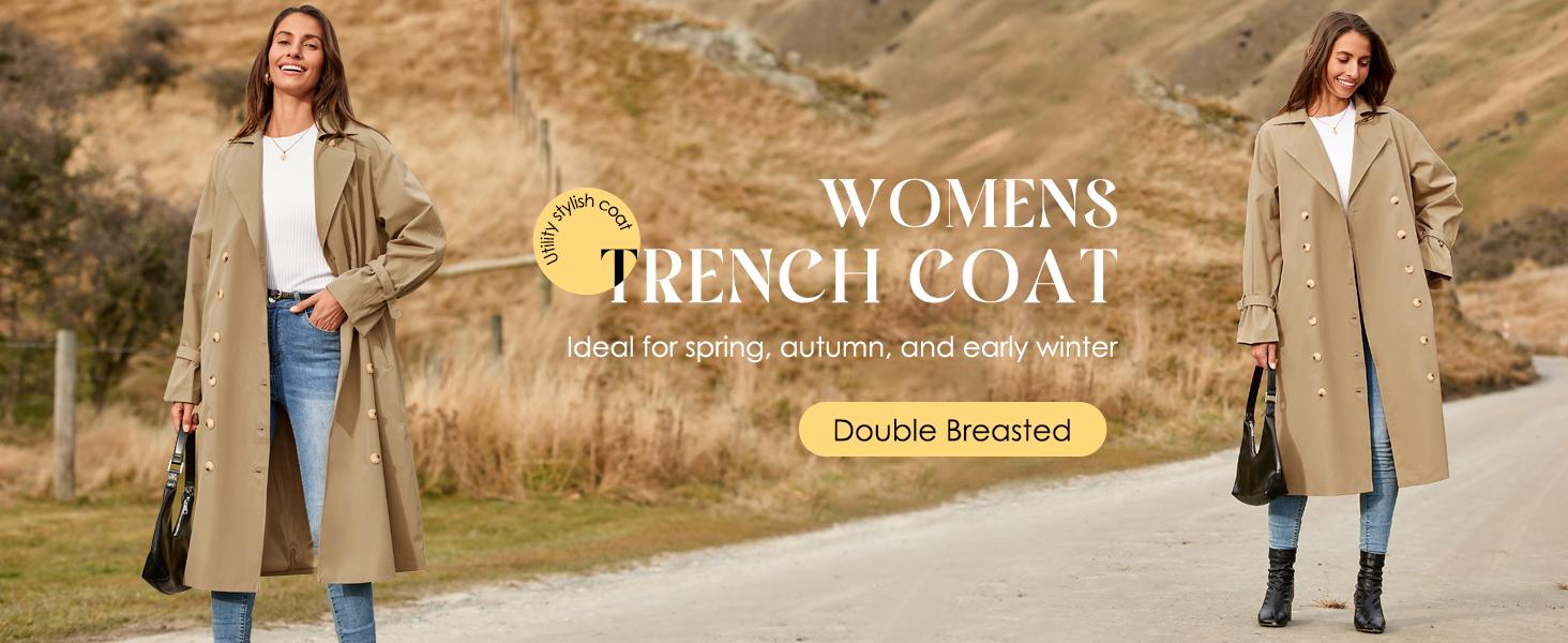 Womens Long Trench Coat Oversized Double Breasted Windproof Classic Lapel Casual Fall Overcoat Tops Womenswear
