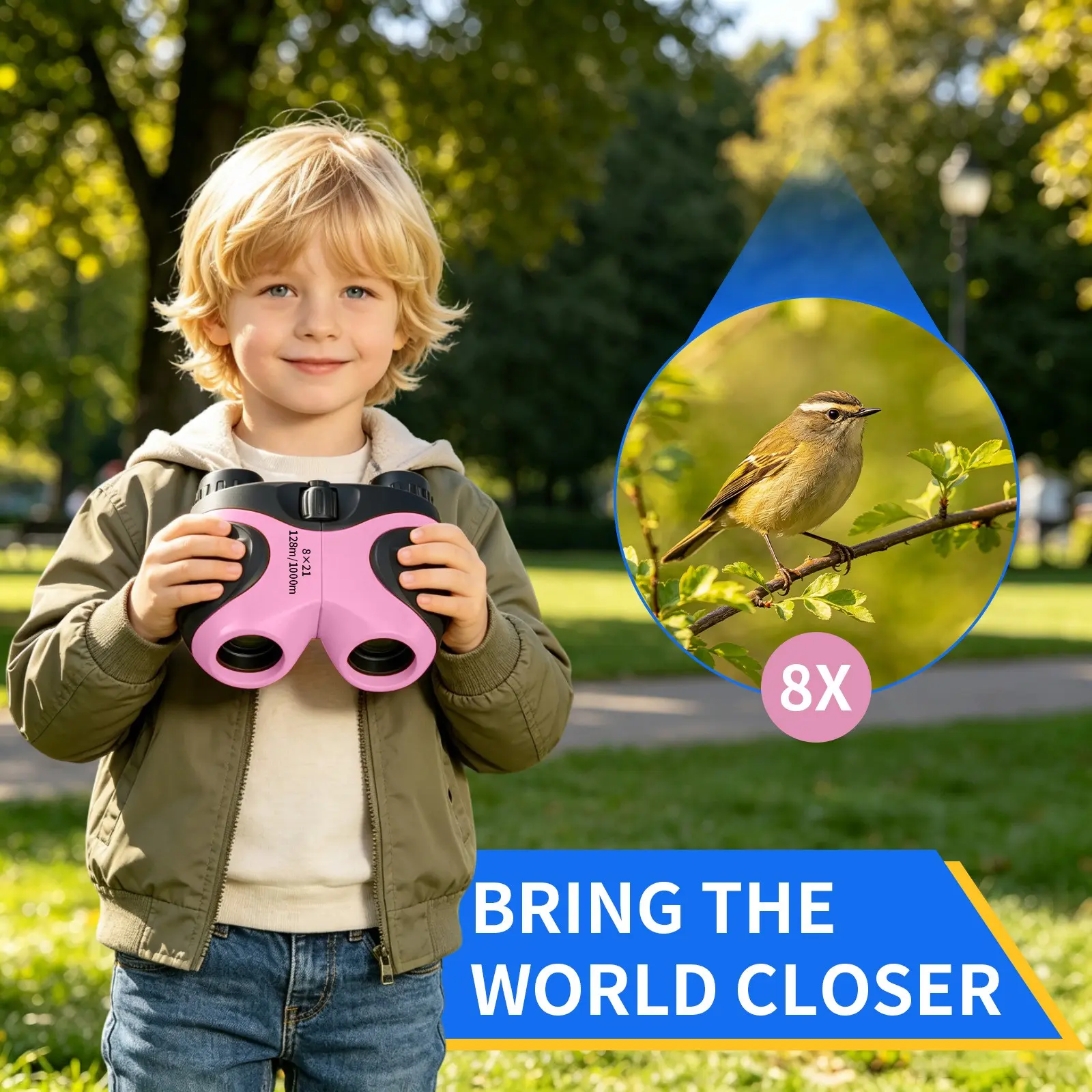 Children 8x21 Binoculars with Adjustable Focus Lightweight Shockproof Outdoor Telescope Soft Rubber Grip Compact Gift for Kids Boys and Girls for Birdwatching and Hiking