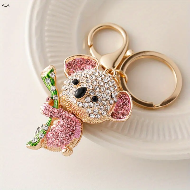 Women's Cute Blush Pink Crystal Pave Koala Keychain - Gold-Plated Rhinestone Animal Charm, 12.3cm Cartoon Look Bamboo-Holding Pendant, Detachable Daily Wear Bag Car Decor Gift