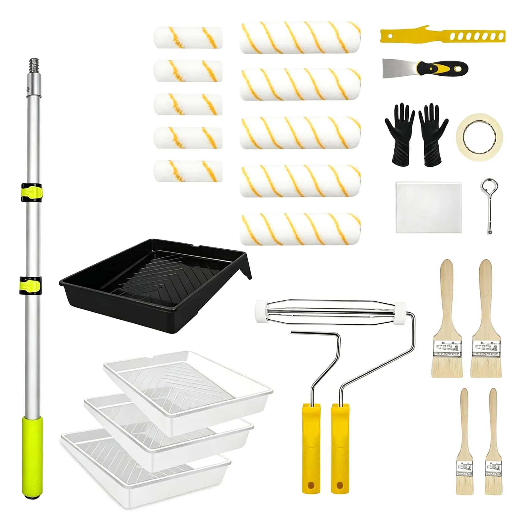 Garvee 27 PCS Paint Roller Kit with Extension Pole, Wall Painting Supplies 4" & 9" Microfiber Paint Rollers, 2-4 FT Adjustable Pole, Paint Brushes Set for Home Walls, Ceilings, Professional Painting