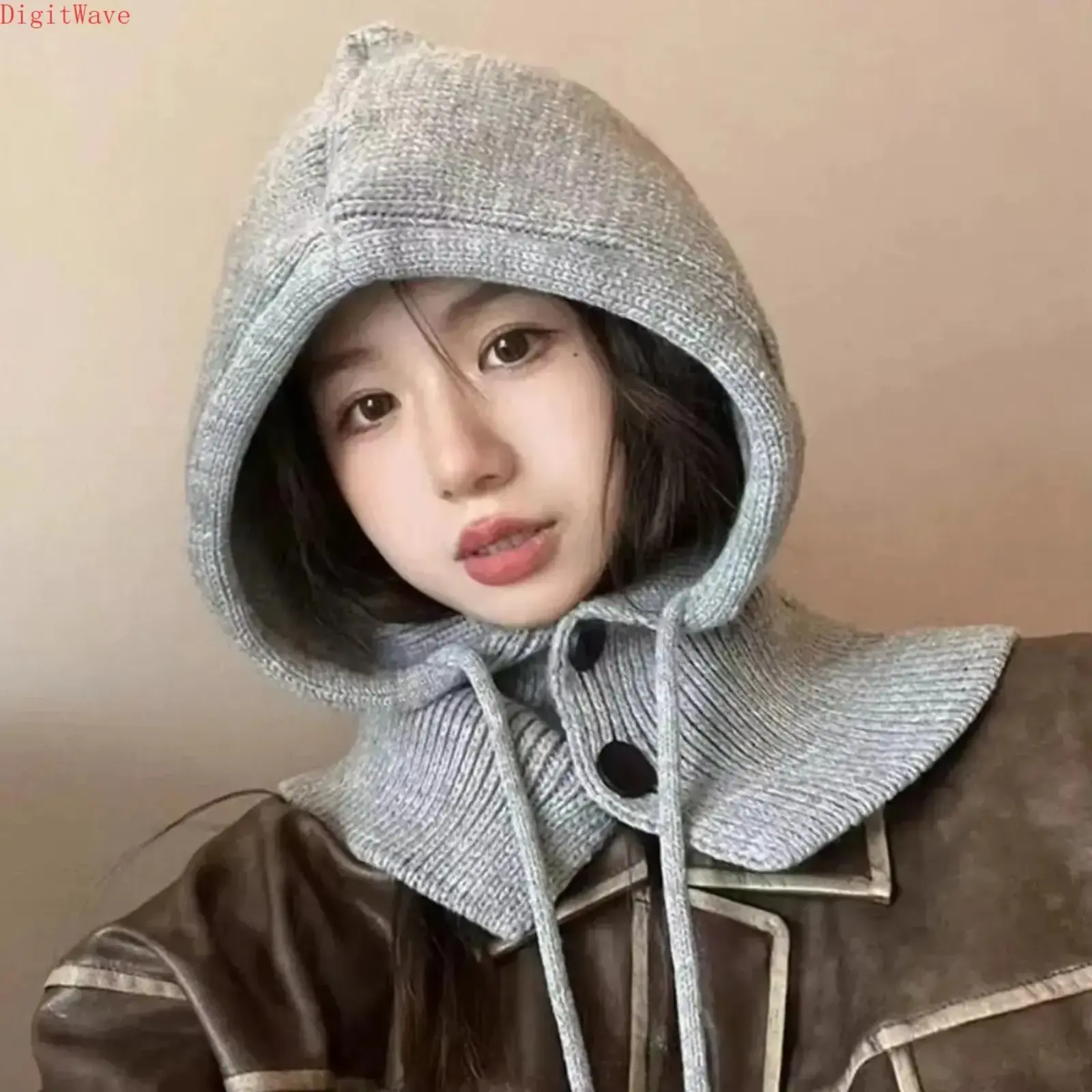 Knitted Hooded Caps Winter Balaclava Hats Women Korean Style Outdoor Warmer Drawstring Hats One-piece Neck Collar Beanies Cap Super Soft Wool Blend Adjustable Hat