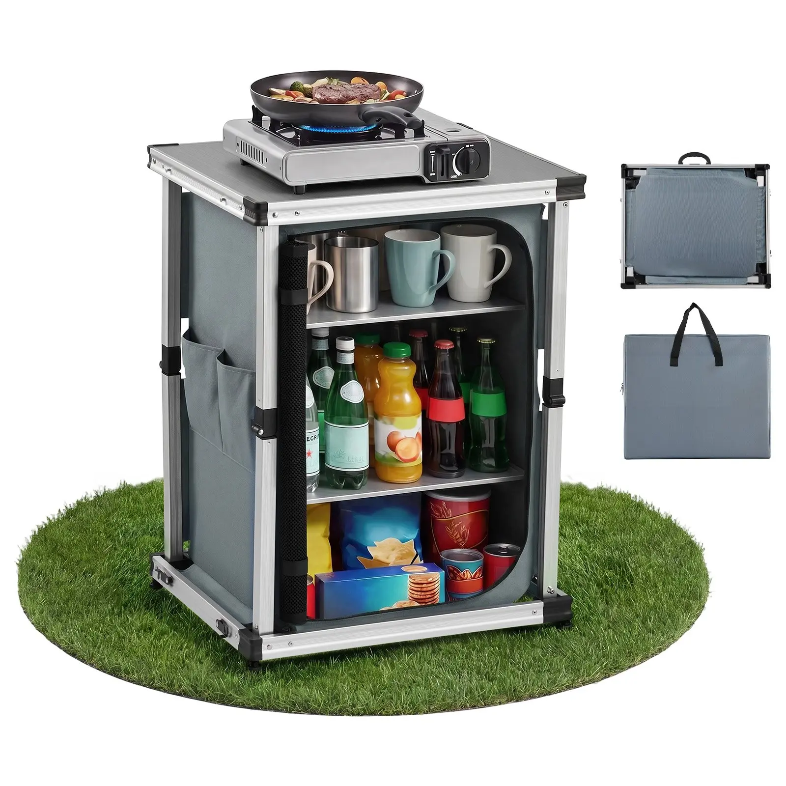 【DealsForYouDays】VEVOR Functional Aluminum Alloy Folding Camping Storage Cabinet - Portable Compact Fold Outdoor Cook Station with 3 Shelves, Carry Bag, Quick Setup, Easy Cleaning for Camping, Outdoor Events