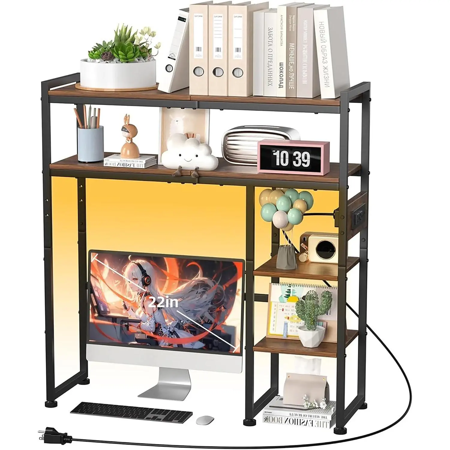 30" 5 Tier Brown Wooden Desktop Organizer Shelf, Office Storage Rack with Outlets & Light Strip, Desk Hutch for Computer Monitor