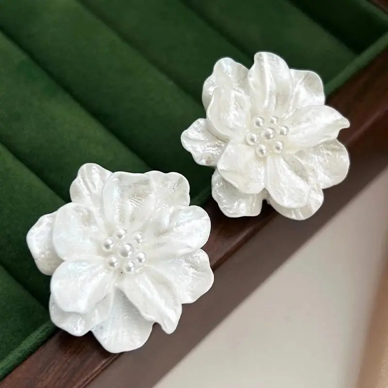 White Pink Yellow Flower Stud Earrings for Women Folded Petals Acrylic Floral Small Earrings Korean Fashion Sweet Ear Jewelry