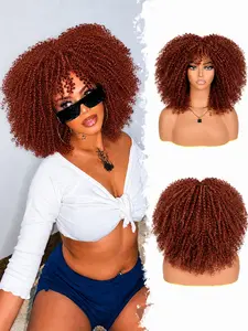 Orange Afro Curly Wig with Bangs 14 Inch Short Synthetic Afro Wig Black Kinky Curly Wigs for Women Shake and Go Wigs for Daily And Party Use