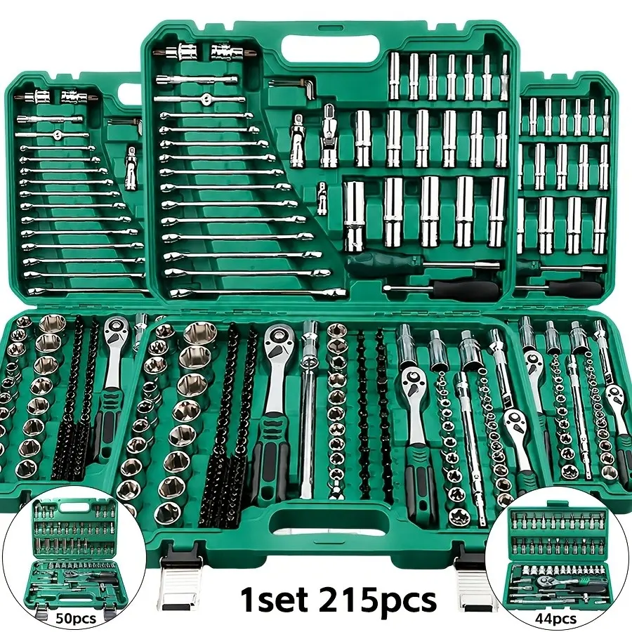 High-End Professional 44/50pc or 215pc Socket Wrench Tool Set with 1/4, 3/8 & 1/2 Inch Drive Deep and Standard Sockets, Quick-Release Ratchet for Auto Repair