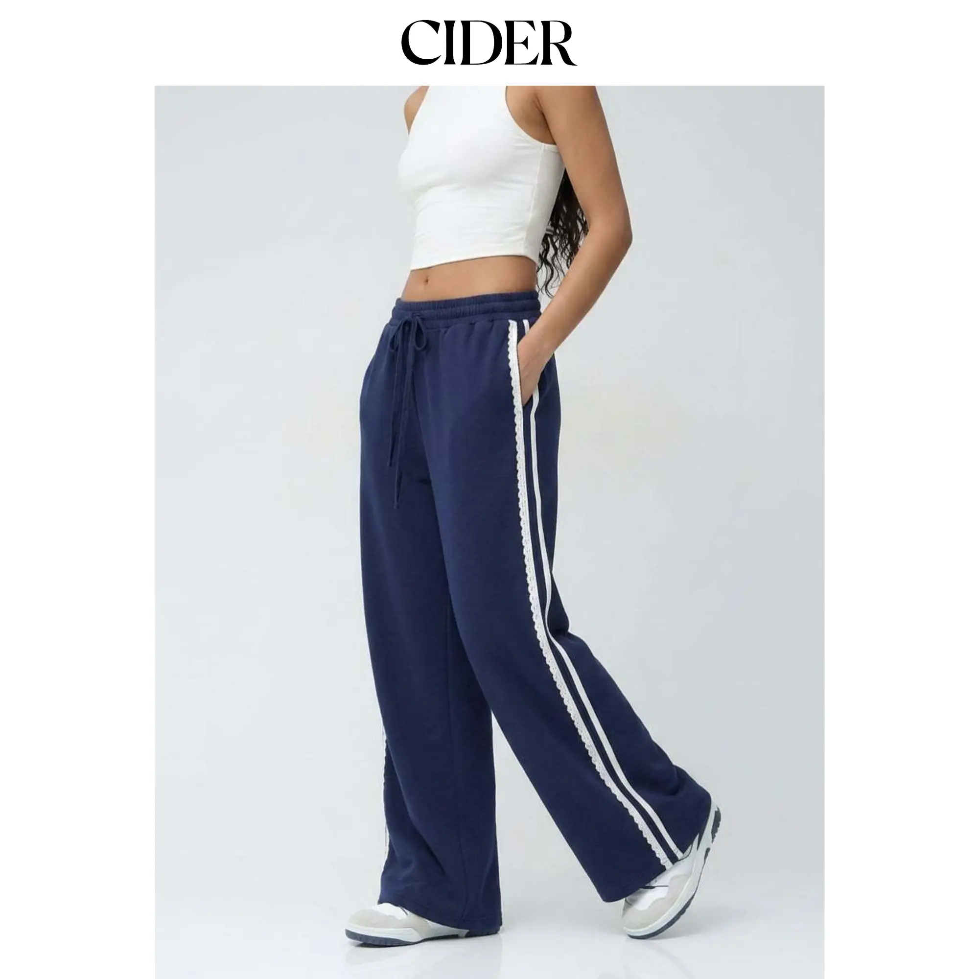 Cider Low Rise Floral Trim Side Stripe Wide Leg Sweatpants