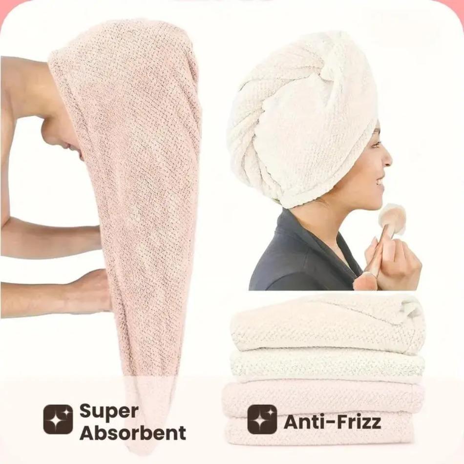 2026 NEW 2 Pack Microfiber Hair Towel Wrap for Women Super Absorbent Quick Dry Anti-Frizz Hair Turban Large with Button Bathroom Towel Set for All Hair Types