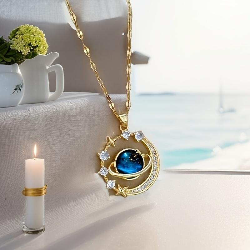 Elegant Blue Planet Pendant Necklace - Luxurious Starry Sky Design, Sparkling Accents, Suitable for New Year and Valentine's Day Gifts, Couple's Necklace, Teen Necklace