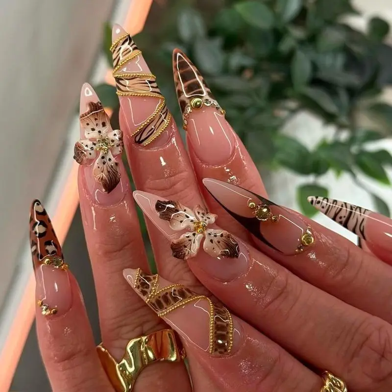 European and American style long pointed leopard print chain, three-dimensional flower zebra print, rhinestone-encrusted design, detachable false nails