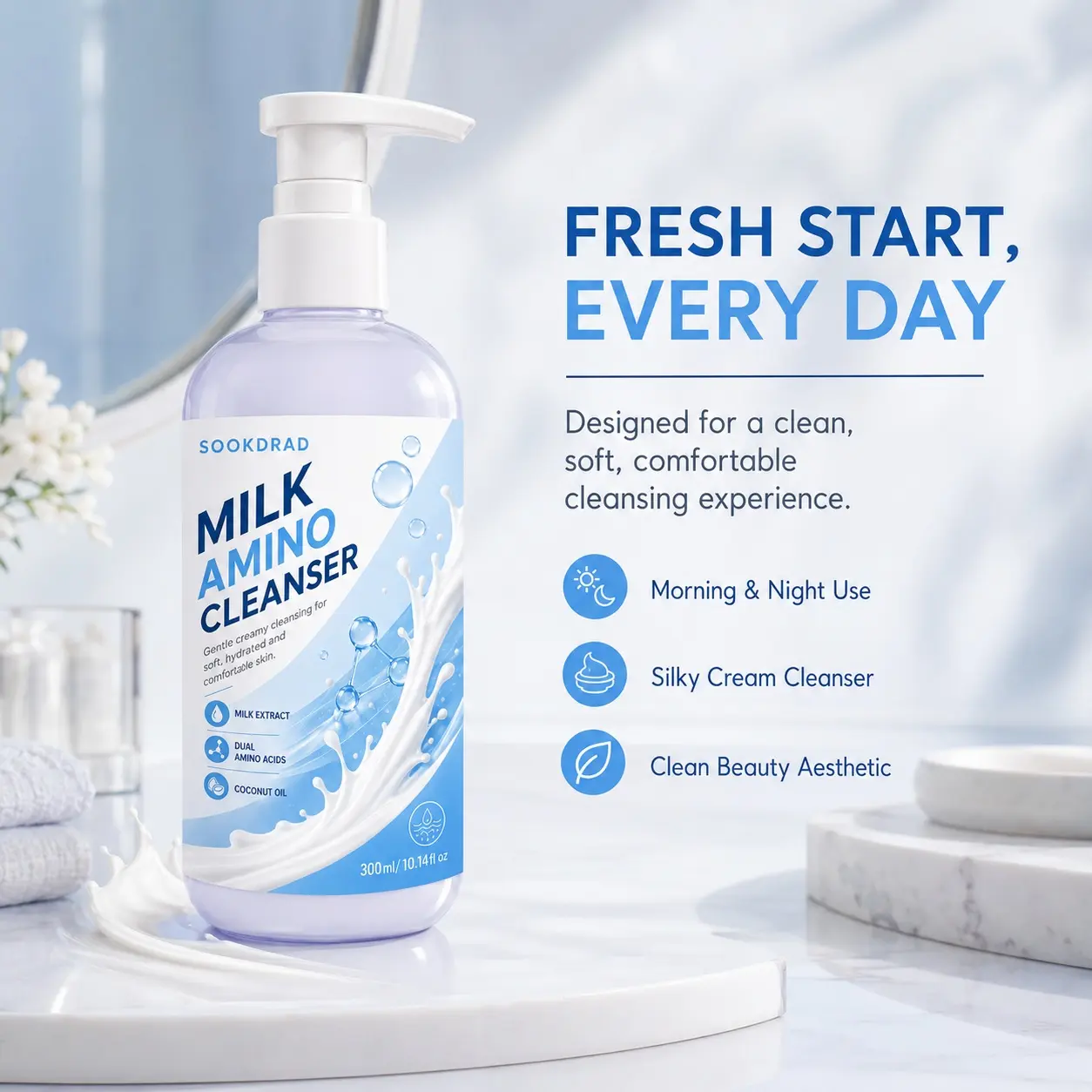 Milk Amino Cleanser, Milk Extract, Dual Amino Acids, Coconut Oil, Gentle Creamy Cleansing, Soft Skin, Hydrated Skin, Comforted Skin, 300ml/10.14fl oz