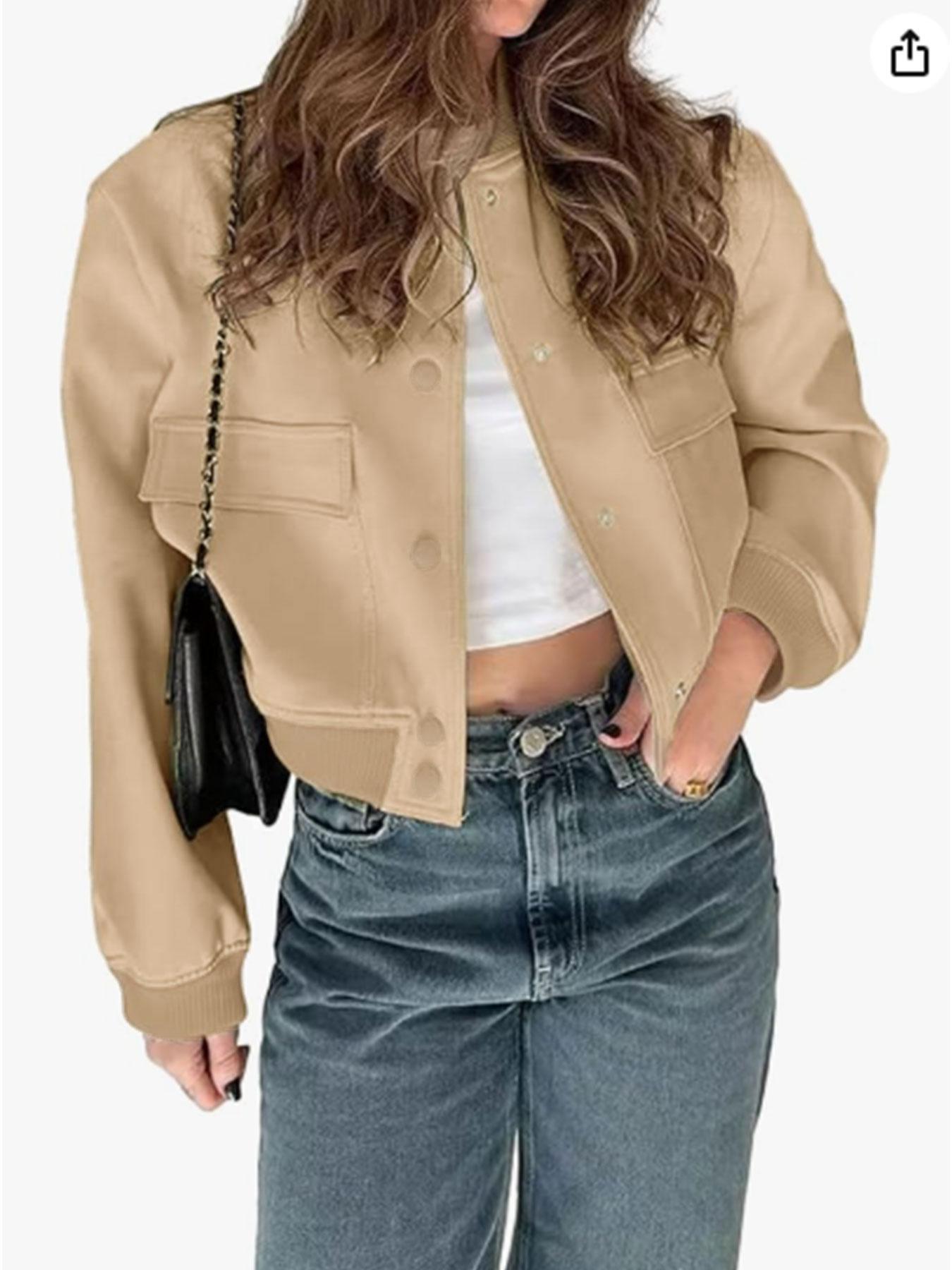 Women's Plain Flap Pocket Crop Bomber Jacket, Casual Long Sleeve Button Front Varsity Jacket, Ladies Outerwear Coats for Daily Wear