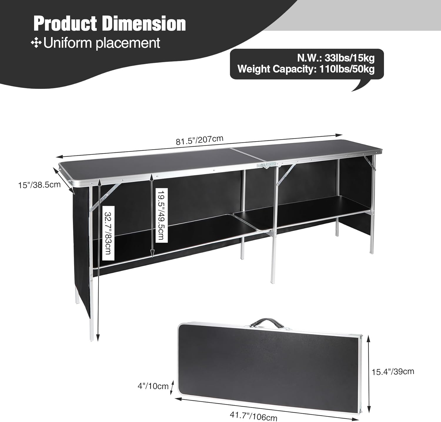 Portable Bar Table, Pop Up Folding Mobile Bar Bartender Table with Carry Bag for Events, Party, Camping, Tradeshow, Exhibition, Easy Setup, Black, 82"x33"x15"
