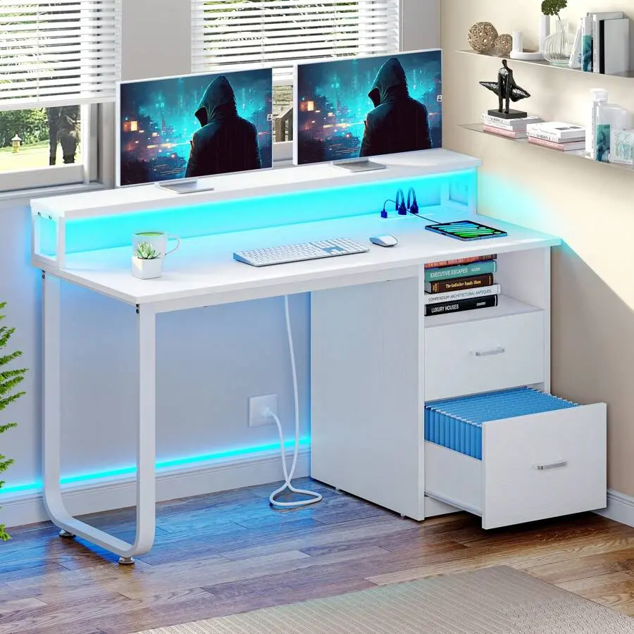 47/55 Inch Home Office Desk With File Drawer And LED Lights Computer Desk With Power Outlets And USB Outlets Study Room