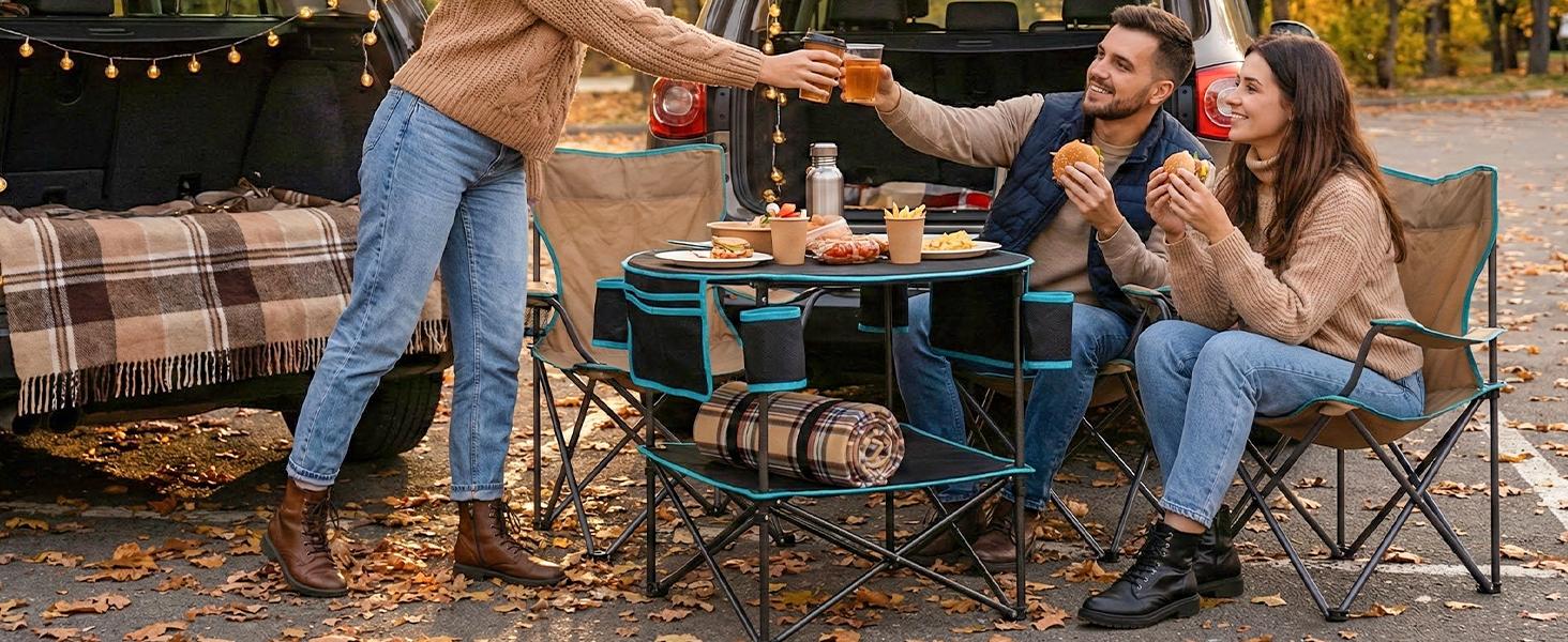 All in One Tailgate Table, Portable Beach Table with Cup Holders, Camping Table Foldable with Side Pockets Carry Bag for Camp Outdoor Sand Beach Picnic Fishing Tailgating Essentials