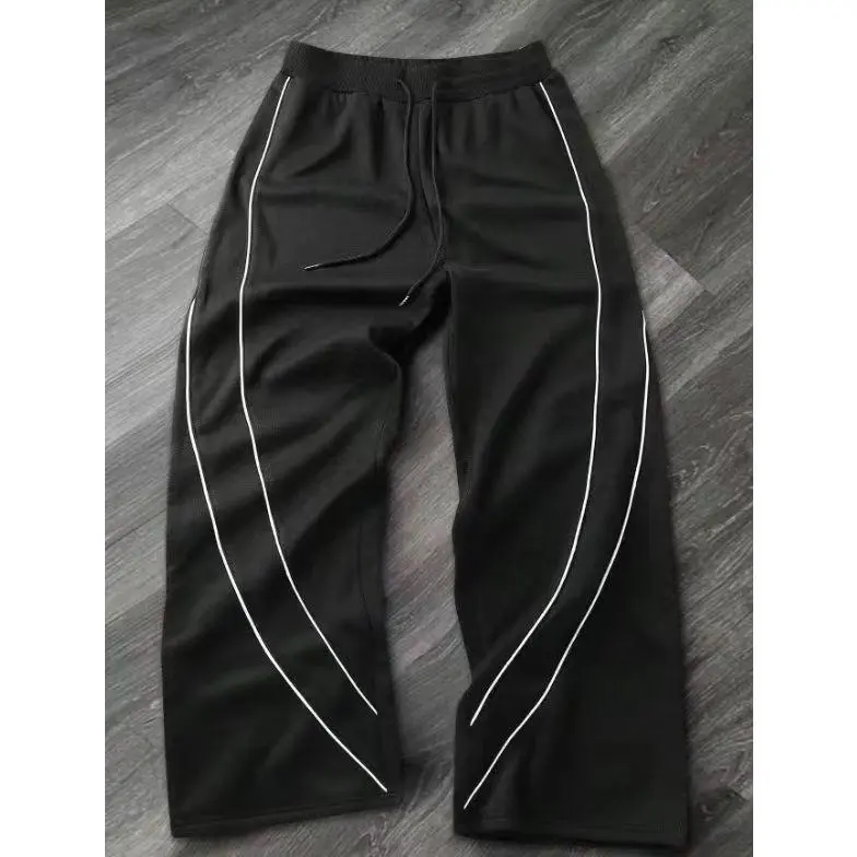 Men's Casual Wide Leg Sweatpants Dual White Piping Trim Curved Lines Drawstring Elastic Waist Loose Track Trousers Streetwear cozy soft cool clean chic active sporty premium classic stylish durable trendy relaxed comfy modern vibe urban street Multi-Color