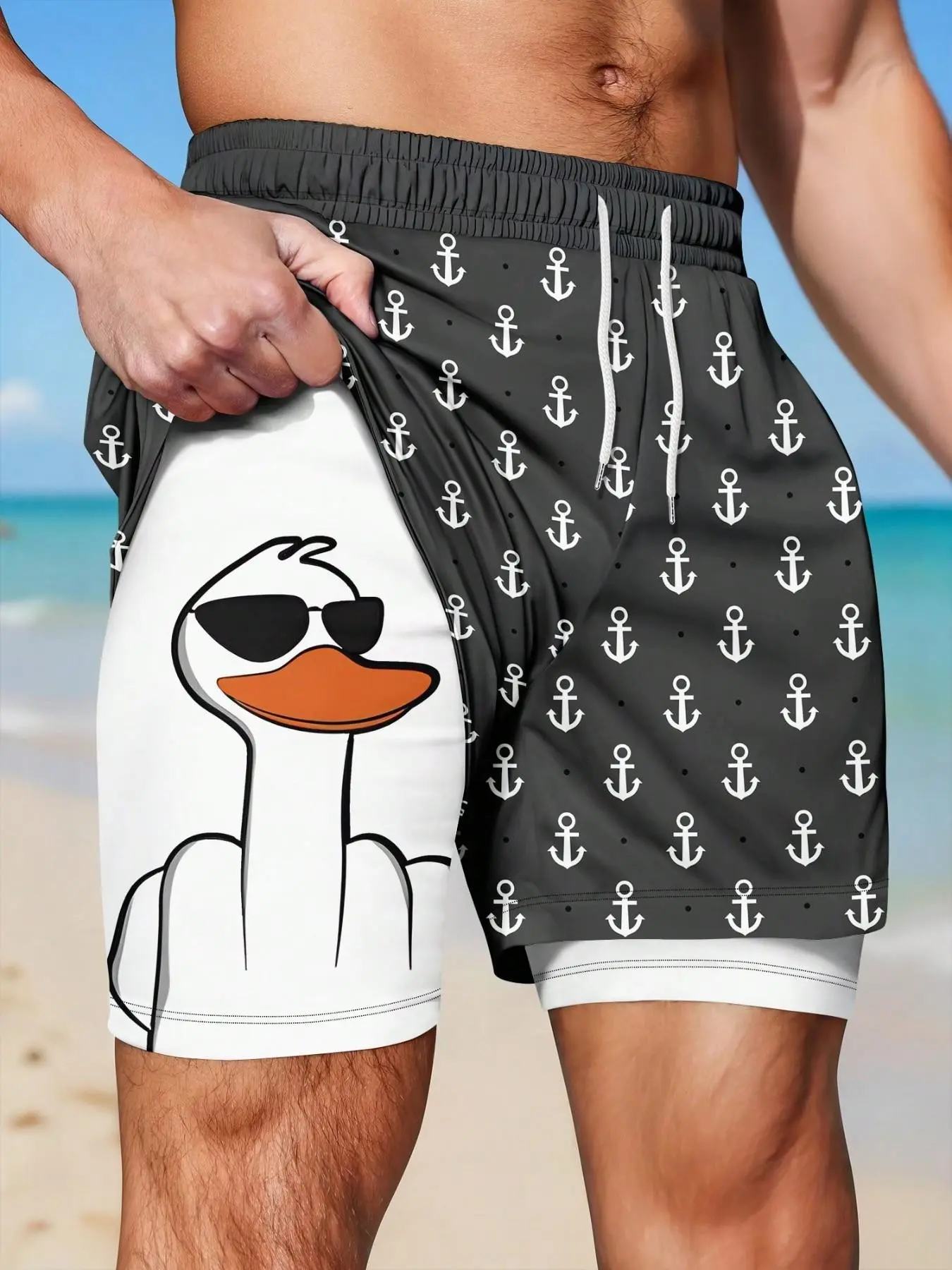 Men's Graphic Anchor Print Double-Layer Beach Shorts, Blue Cartoon Duck Lining, Beach Swim Shorts