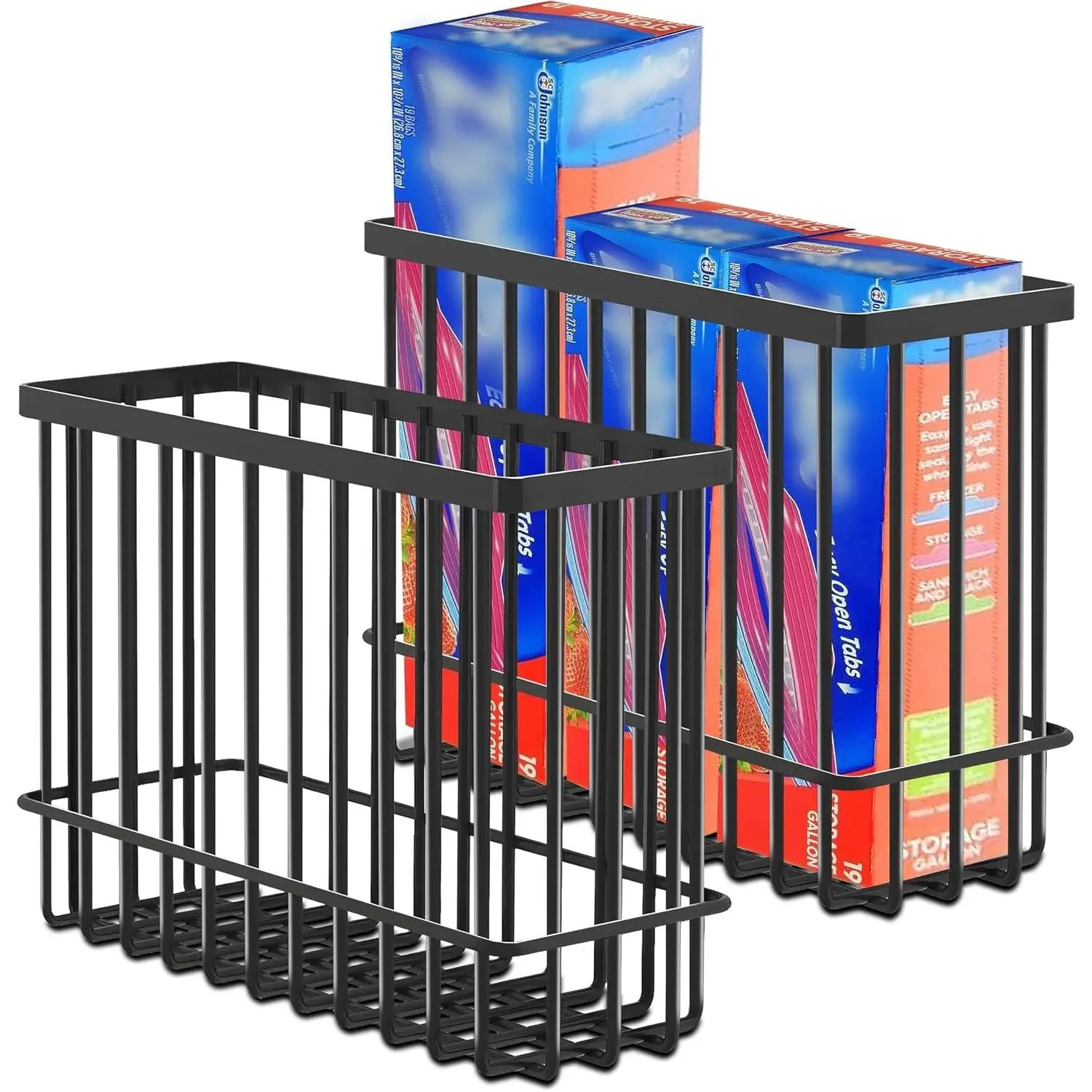 2 Pack Cabinet Door Organizer, Foil and Plastic Wrap Organizer, Wall Mounted Kitchen Organizers and Storage Wire Basket, Pantry Door Storage Kitchen Wrap, Black