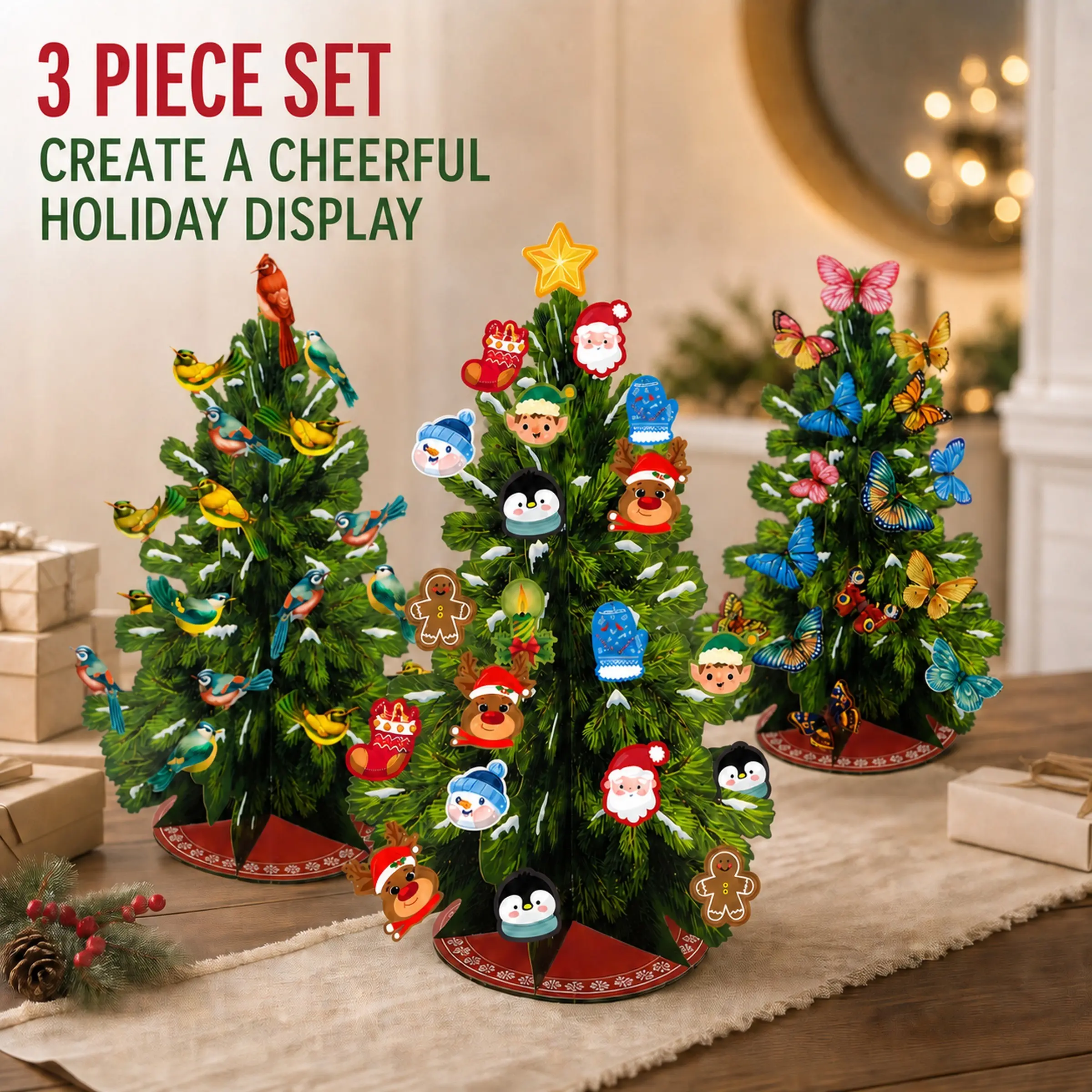 Christmas Foldable 3D Tree Set, Butterfly, Holiday Characters, Finch Desktop Decor, Desk, Fireplace Shelf, Home Party, Handmade, Gift Card, Winter Decoration