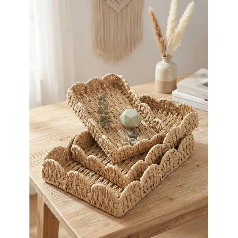 Hand-woven storage basket, Handwoven storage basket, available as 3-piece set S/M/L or single item, featuring rectangular design with scalloped edge, Bohemian-style organizer serves as decorative coffee table tray and practical storage basket