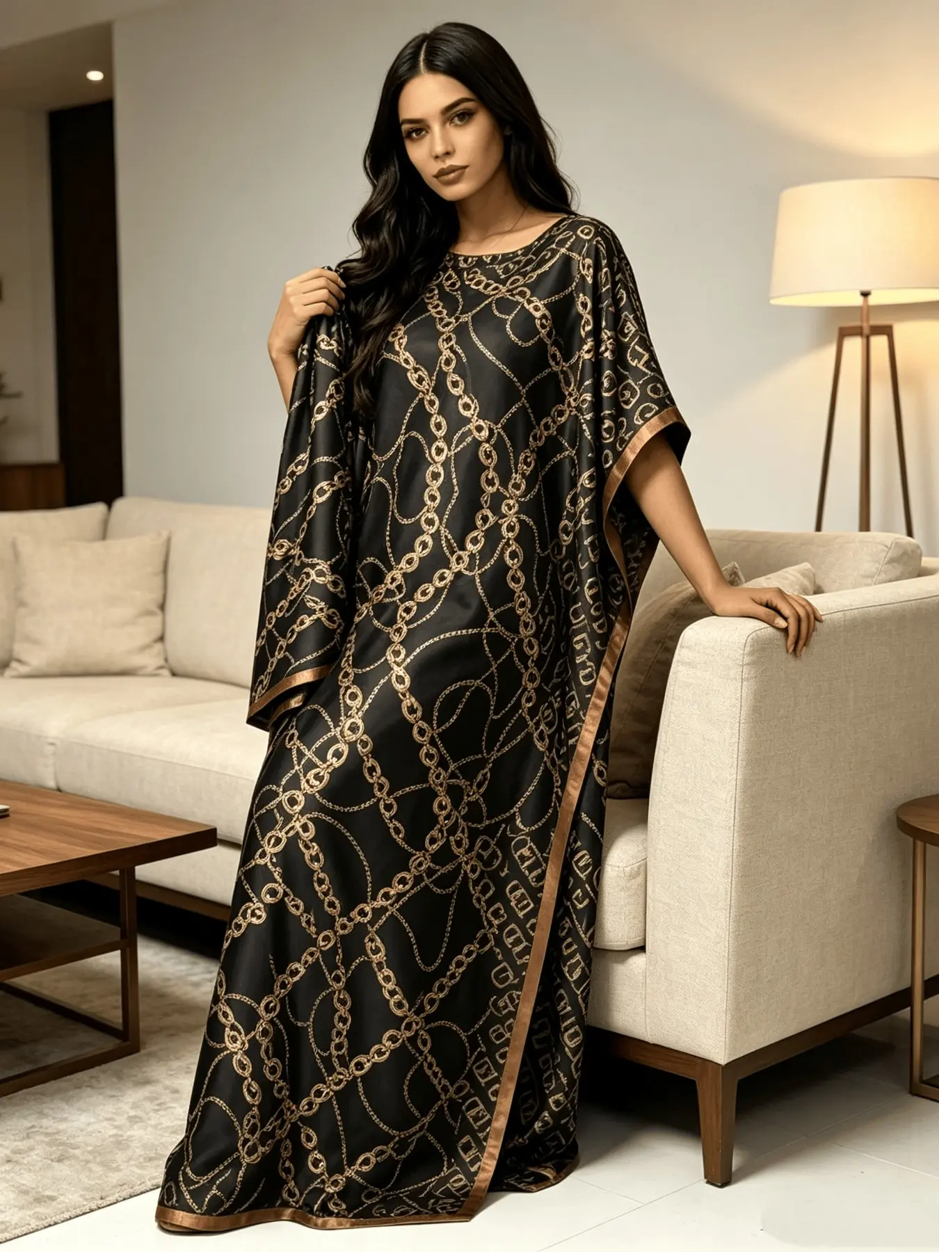Vintage Luxury Gold Interlock Chain Print Loose Satin Kaftan Dress, Smooth High-End Home Loungewear Sleepwear Night Robe, Oversized Floor Flowy Tunic, Elegant Living Room Daily Outfit With Coordinating Head Wrap, Suitable For Plus Size Ladies