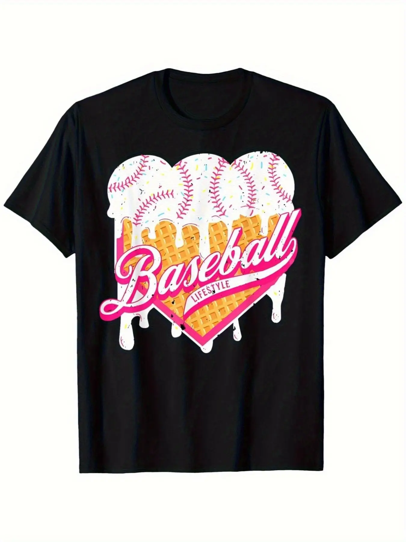 180g Baseball Heart Waffle Cone Print Loose T-Shirt, Fun Sports Style, Ice Cream Drop Design, Script 'baseball' Text, Ideal for Fans & Casual Wear