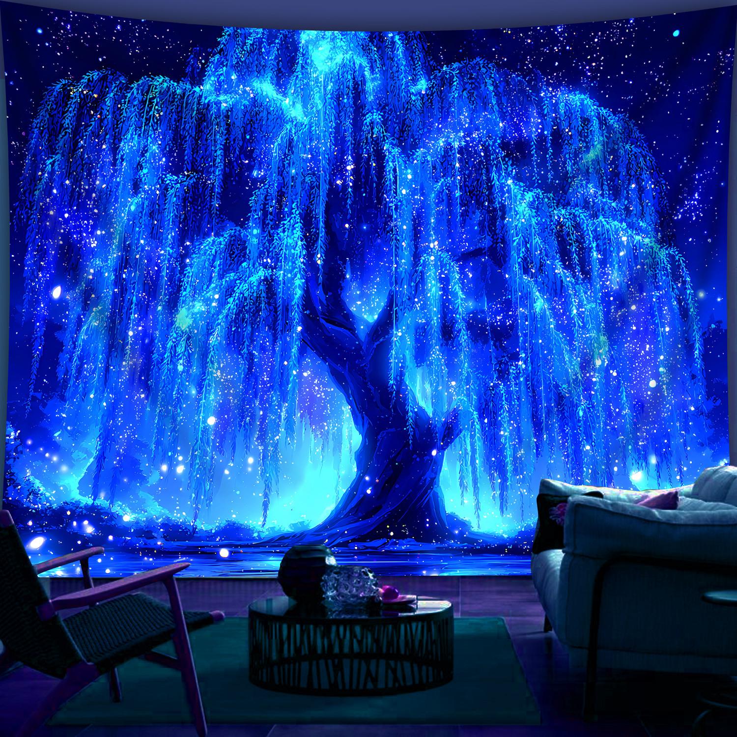 1pc Brilliant Starry Sky Tree Of Life- Glow In The Dark UV Light Banner Tapestry, Starry Sky Pattern, Large Size Peach Skin Fluorescent Printing Tapestry, Bedroom Hanging Tapestry For Party Festival, Bedroom Home Decor