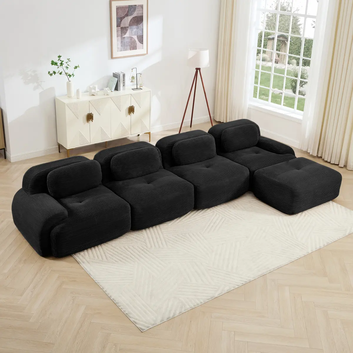 Black 4-Seat Modular L-Shaped Sectional Sofa, 32D High-Resilience Sponge, Anti-Slip Design, Chaise, Extra-Wide Curved Armrests, Customizable Free Combination, No Assembly for Living Rooms, Studies, Modular Sectional Sofa