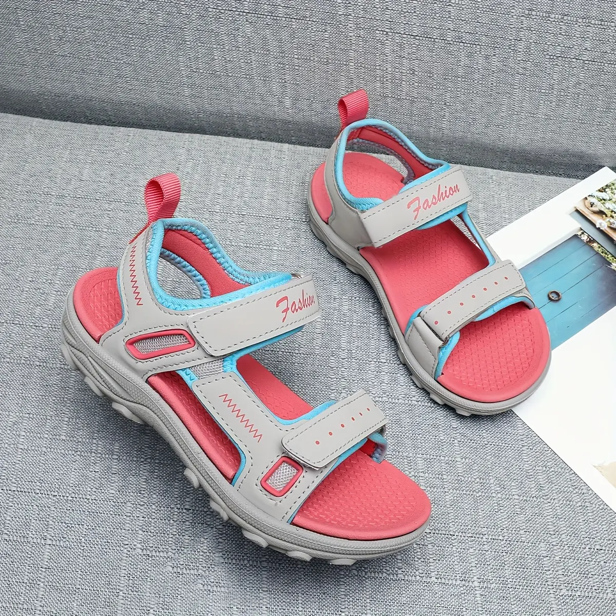 Girls' NB0960 Gray-Red Slip-On Casual Sandals with Lightweight Soles, Slip-On Fit, Soft Sole, Beach Wear, Prop 65 Safe